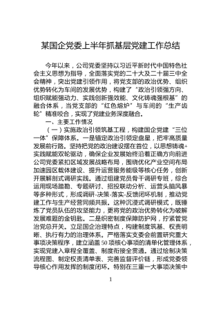 某国企党委上半年抓基层党建工作总结