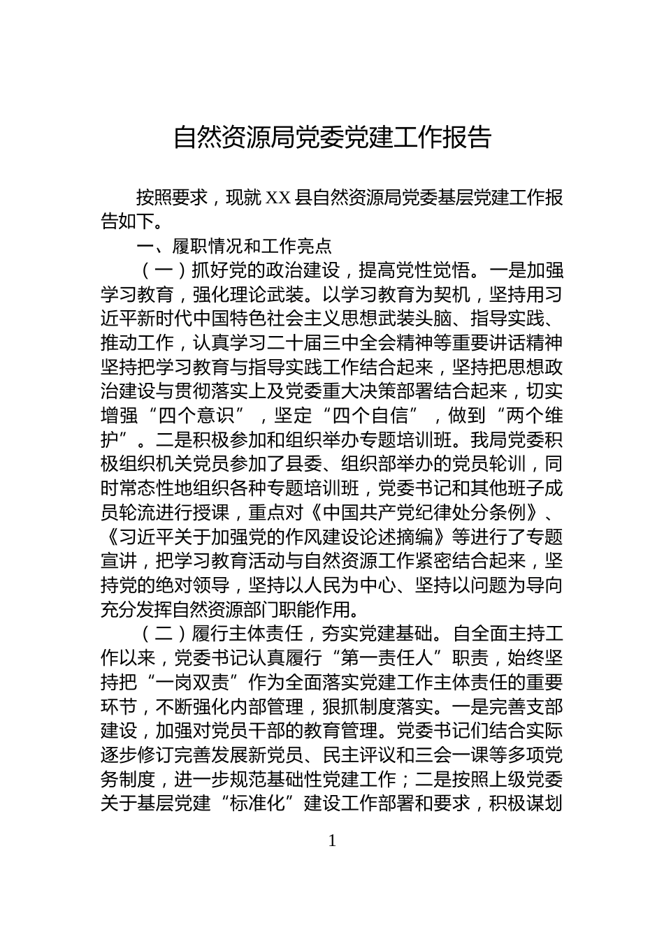 自然资源局党委党建工作报告_第1页