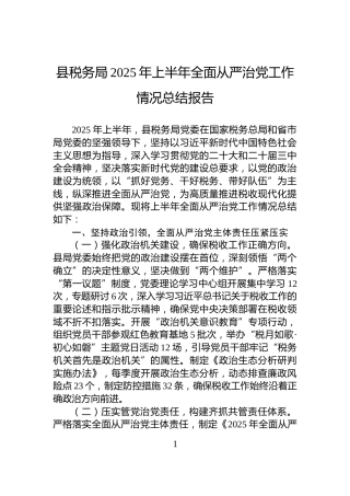 县税务局2025年上半年全面从严治党工作情况总结报告