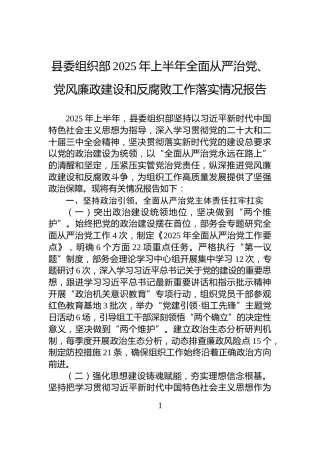 县委组织部2025年上半年全面从严治党、党风廉政建设和反腐败工作落实情况报告