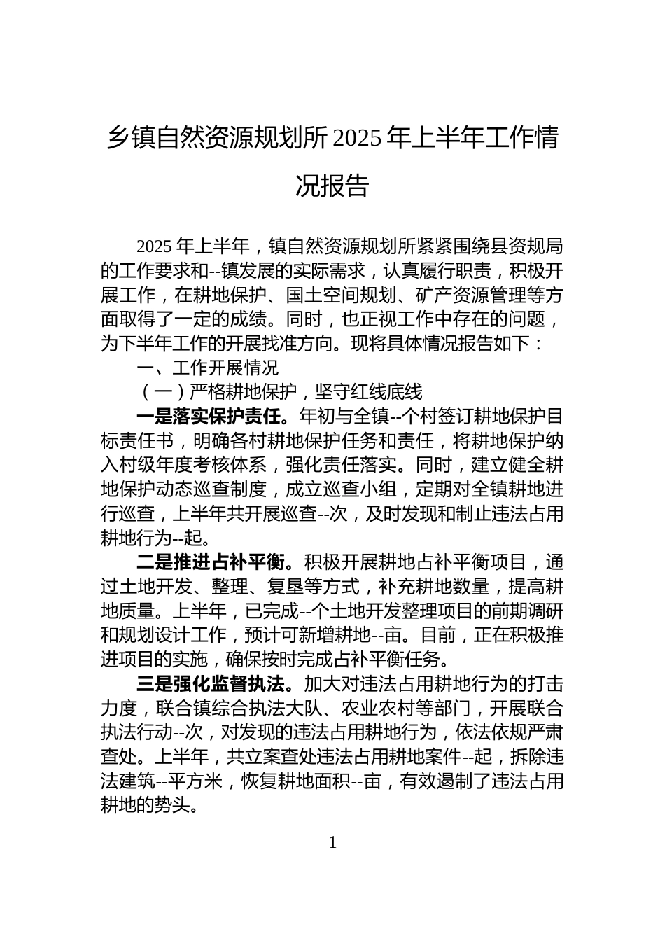 乡镇自然资源规划所2025年上半年工作情况报告_第1页