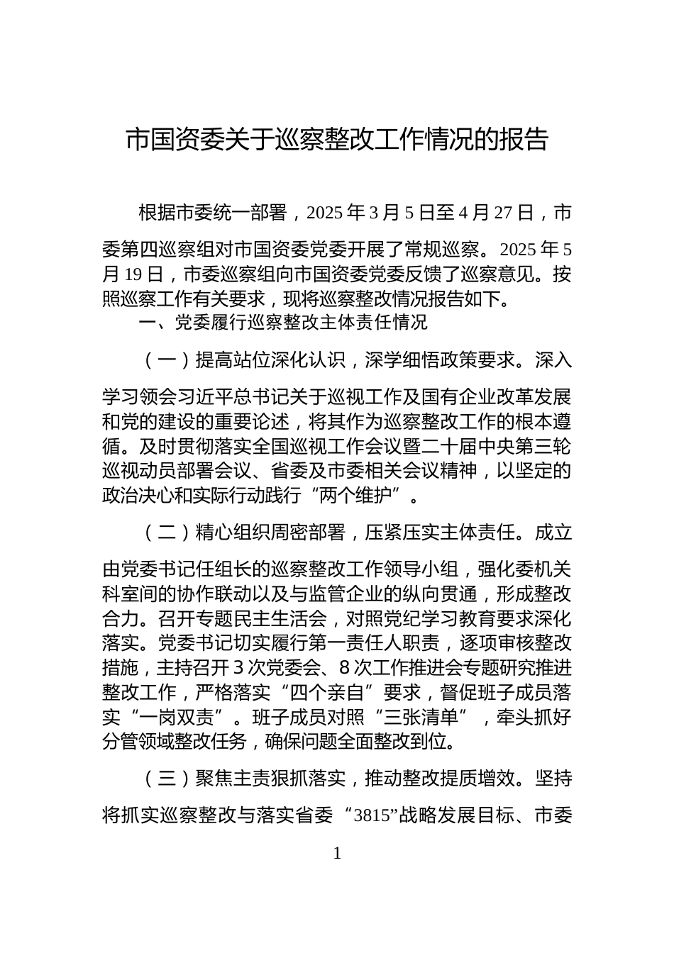 市国资委关于巡察整改工作情况的报告_第1页