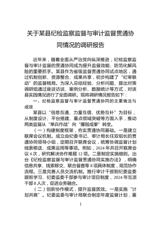 关于某县纪检监察监督与审计监督贯通协同情况的调研报告