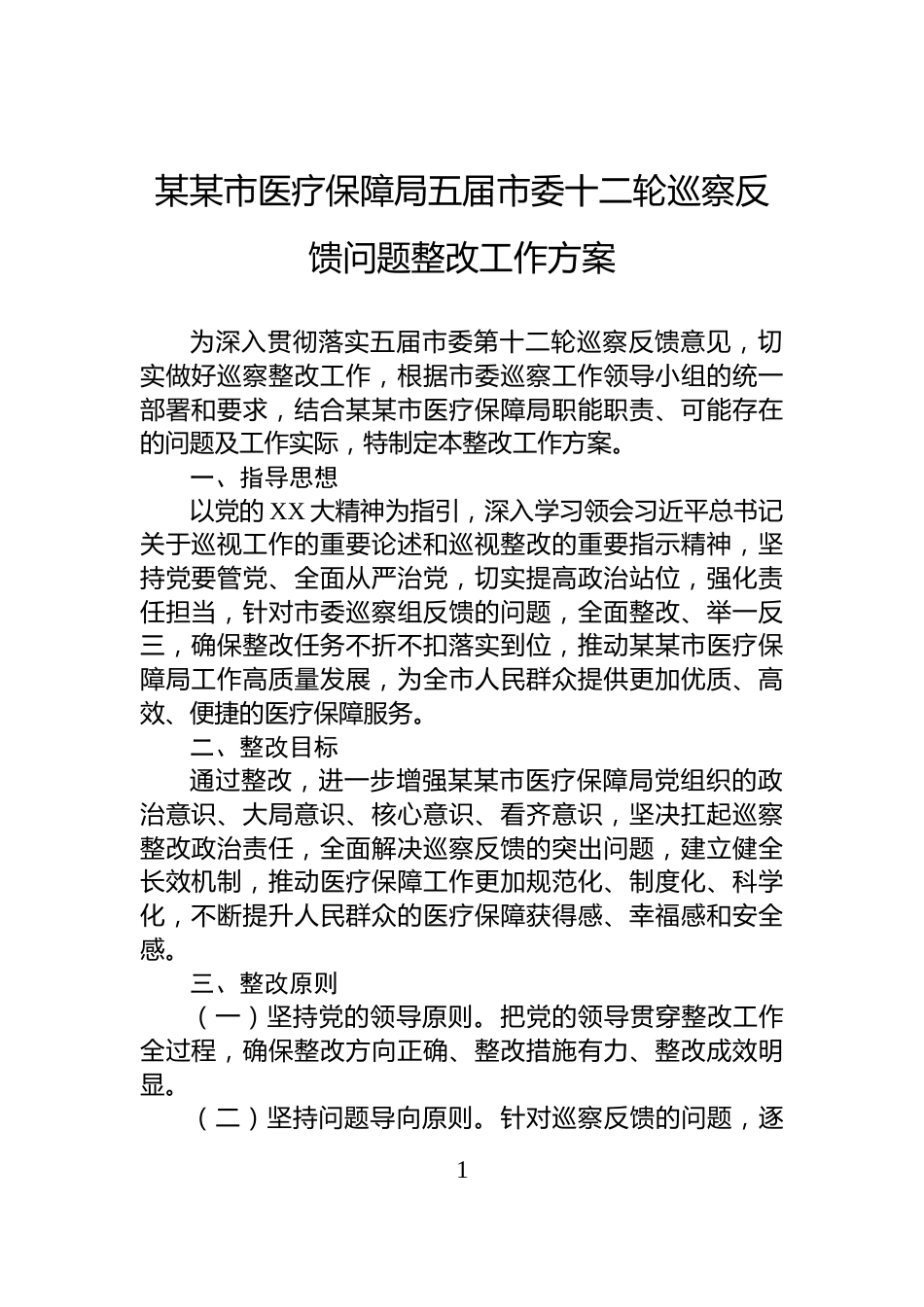 某某市医疗保障局五届市委十二轮巡察反馈问题整改工作方案_第1页