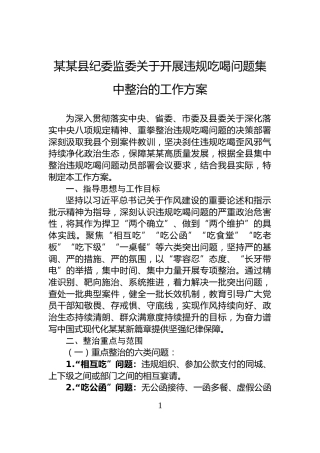 某某县纪委监委关于开展违规吃喝问题集中整治的工作方案
