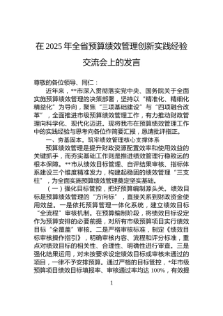 在2025年全省预算绩效管理创新实践经验交流会上的发言