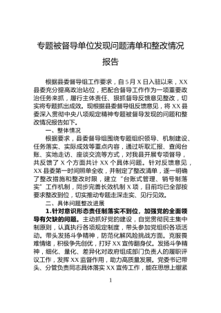 专题被督导单位发现问题清单和整改情况报告
