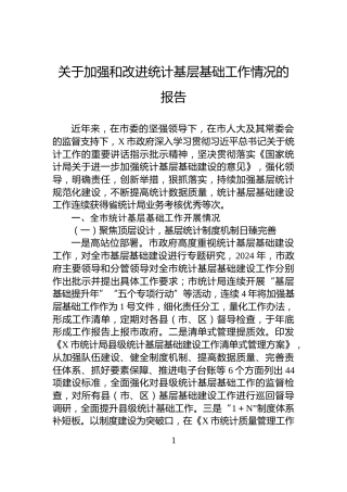 关于加强和改进统计基层基础工作情况的报告