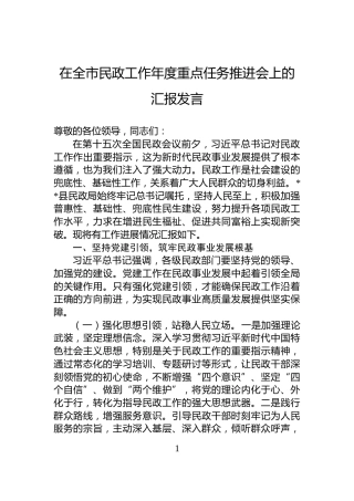 在全市民政工作年度重点任务推进会上的汇报发言