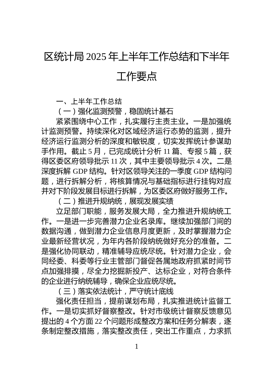 区统计局2025年上半年工作总结和下半年工作要点_第1页