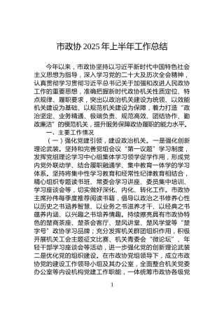 市政协2025年上半年工作总结