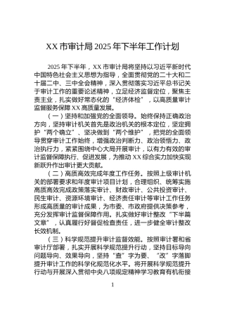 XX市审计局2025年下半年工作计划