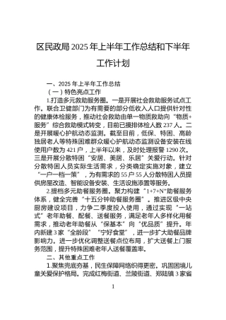区民政局2025年上半年工作总结和下半年工作计划