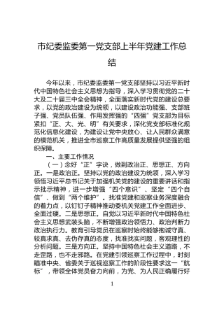 市纪委监委第一党支部上半年党建工作总结