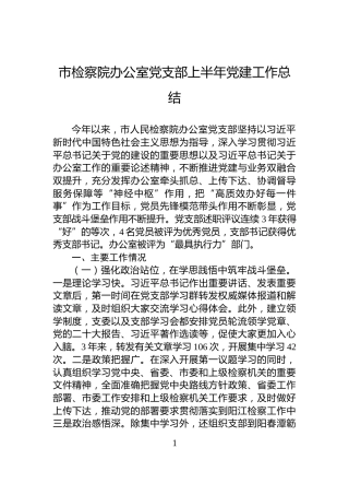 市检察院办公室党支部上半年党建工作总结