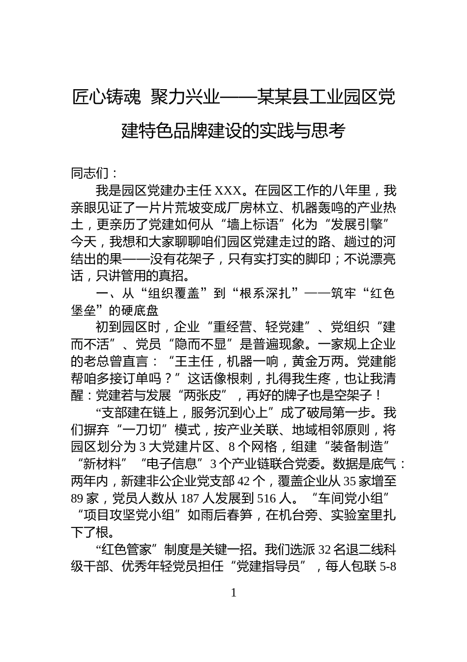 匠心铸魂++聚力兴业——某某县工业园区党建特色品牌建设的实践与思考_第1页