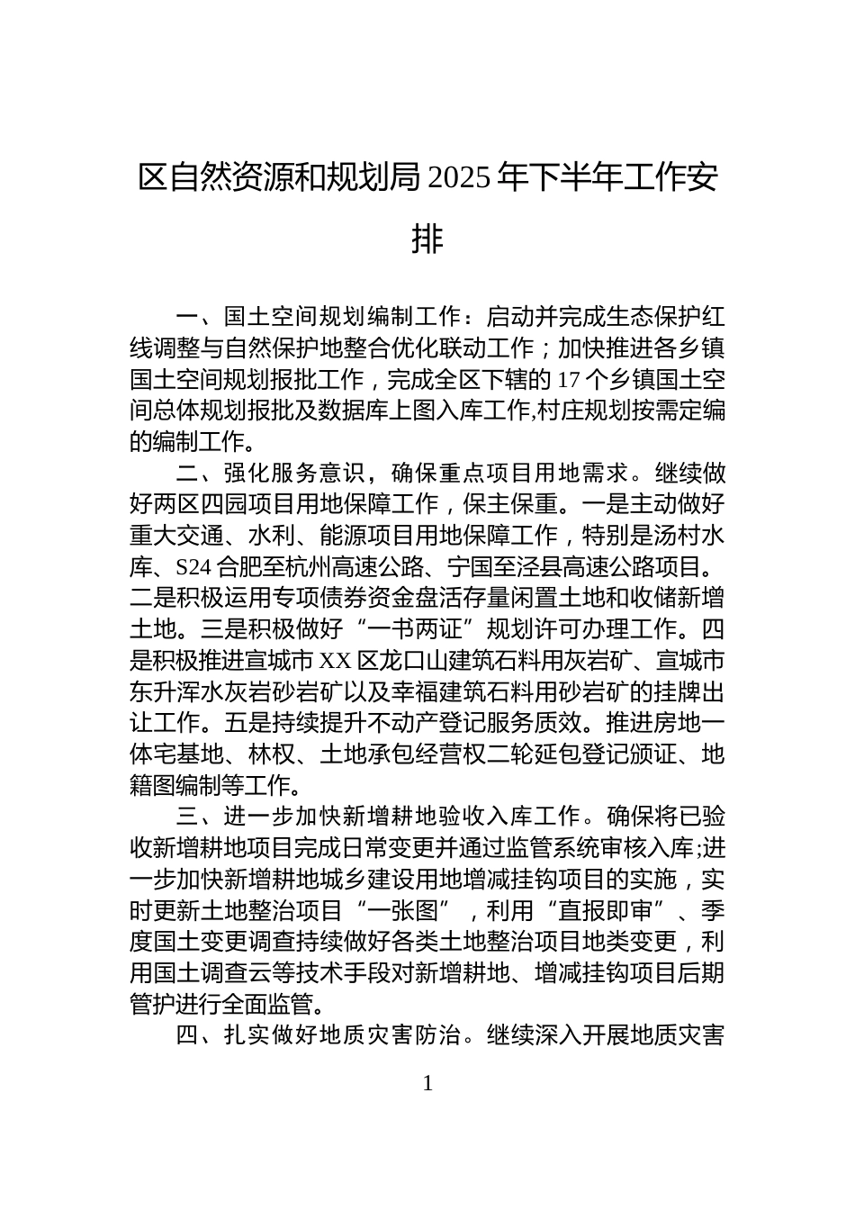 区自然资源和规划局2025年下半年工作安排_第1页