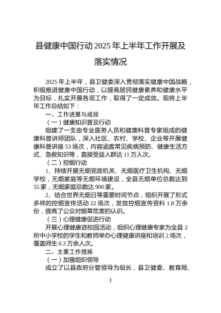 县健康中国行动2025年上半年工作开展及落实情况