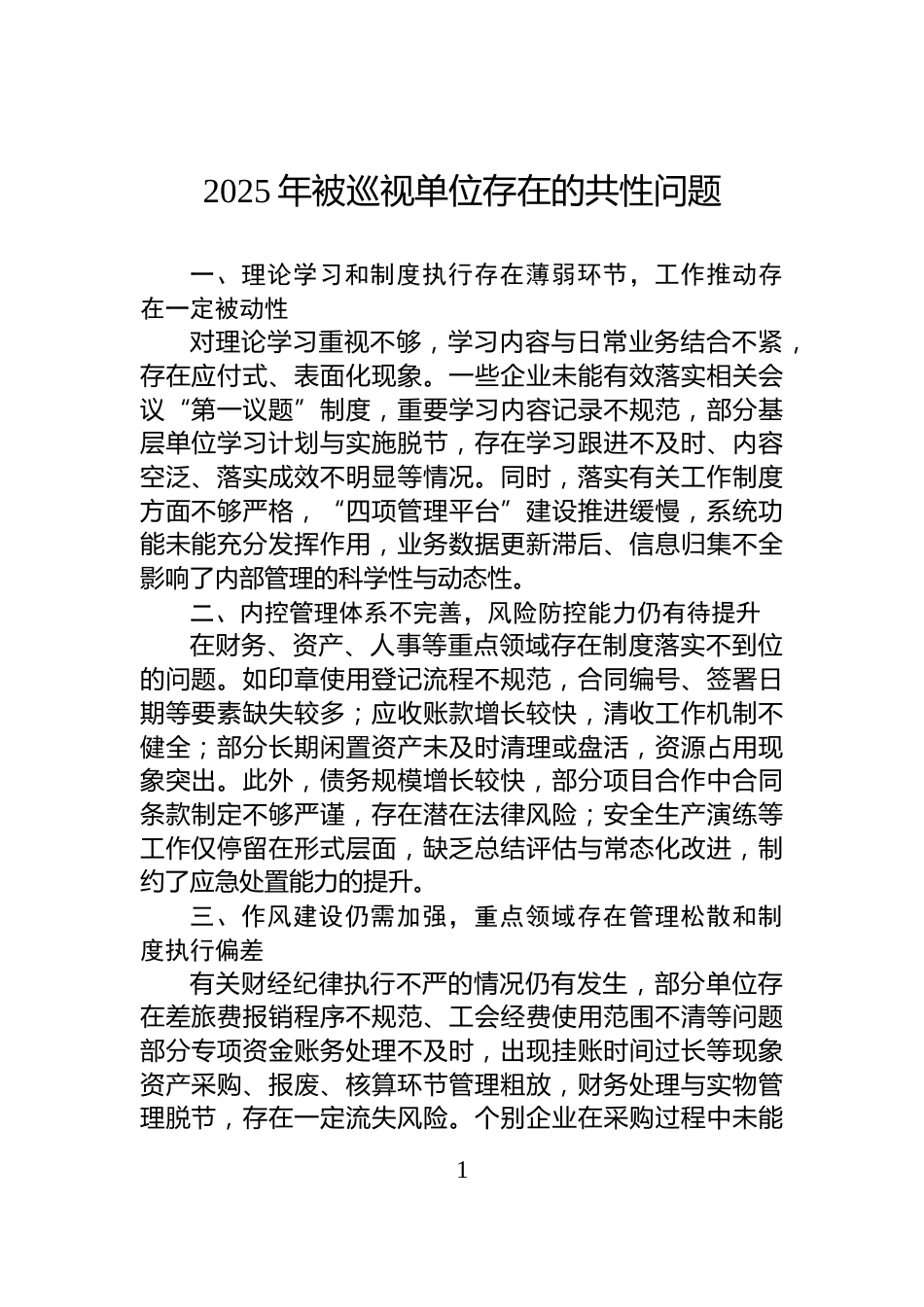 2025年被巡视单位存在的共性问题_第1页