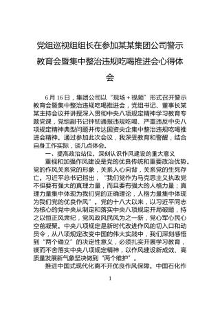 党组巡视组组长在参加某某集团公司警示教育会暨集中整治违规吃喝推进会心得体会
