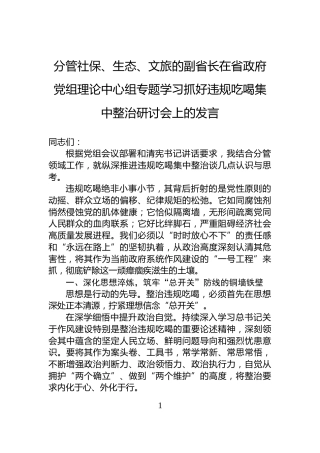 分管社保、生态、文旅的副省长在省政府党组理论中心组专题学习抓好违规吃喝集中整治研讨会上的发言