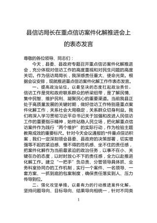 县信访局长在重点信访案件化解推进会上的表态发言