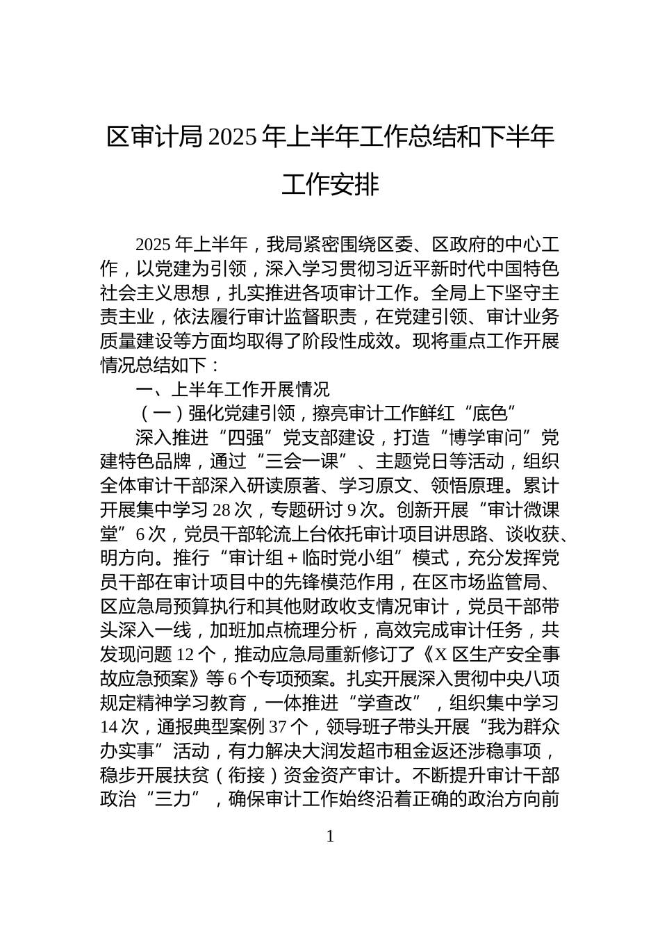 区审计局2025年上半年工作总结和下半年工作安排_第1页