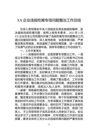 XX企业违规吃喝专项问题整治工作总结