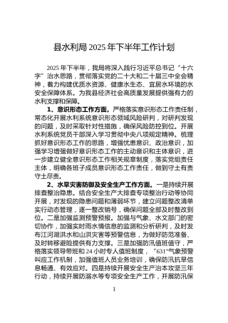 县水利局2025年下半年工作计划