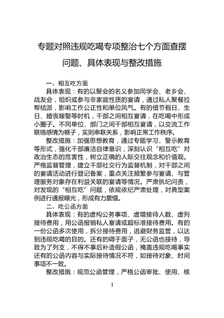 专题对照违规吃喝专项整治七个方面查摆问题、具体表现与整改措施