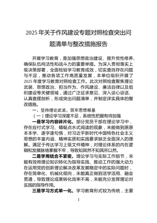 2025年关于作风建设专题对照检查突出问题清单与整改措施报告