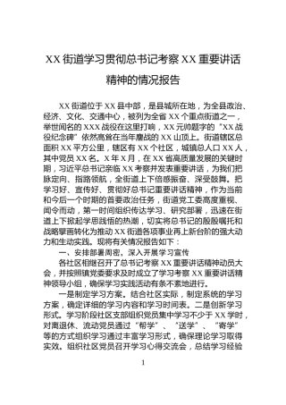 XX街道学习贯彻总书记考察XX重要讲话精神的情况报告