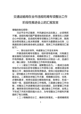 交通运输局在全市违规吃喝专项整治工作阶段性推进会上的汇报发言