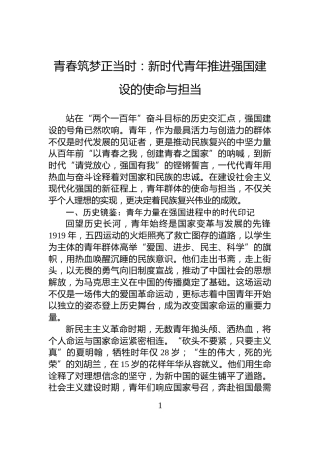 青春筑梦正当时：新时代青年推进强国建设的使命与担当