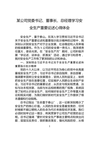 某公司党委书记、董事长、总经理学习安全生产重要论述心得体会