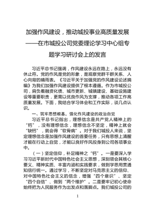 加强作风建设，推动城投事业高质量发展——在市城投公司党委理论学习中心组专题学习研讨会上的发言