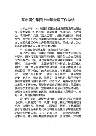 某市国企集团上半年党建工作总结