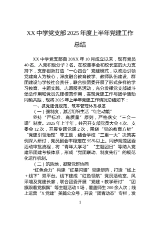 XX中学党支部2025年度上半年党建工作总结