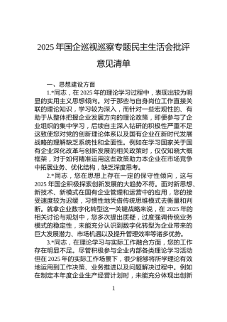 2025年国企巡视巡察专题民主生活会批评意见清单