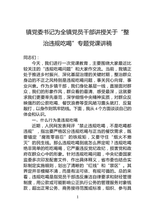 镇党委书记为全镇党员干部讲授关于“整治违规吃喝”专题党课讲稿