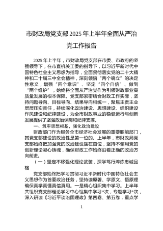市财政局党支部2025年上半年全面从严治党工作报告