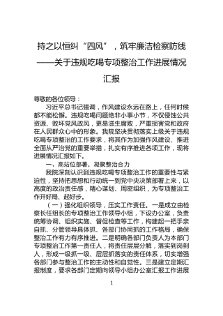 持之以恒纠“四风”，筑牢廉洁检察防线——关于违规吃喝专项整治工作进展情况汇报