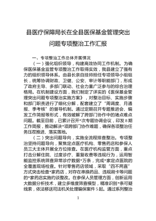 县医疗保障局长在全县医保基金管理突出问题专项整治工作汇报