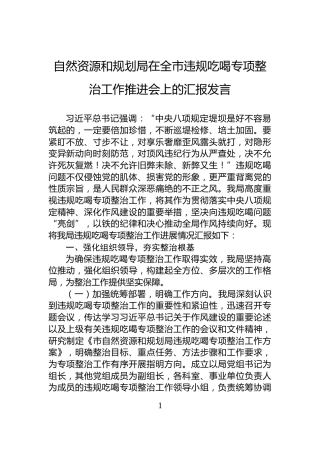 自然资源和规划局在全市违规吃喝专项整治工作推进会上的汇报发言