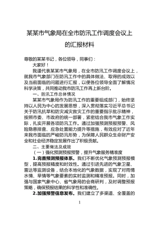 某某市气象局在全市防汛工作调度会议上的汇报材料