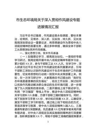 市生态环境局关于深入贯彻作风建设专题进展情况汇报