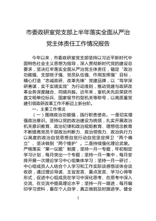 市委政研室党支部上半年落实全面从严治党主体责任工作情况报告