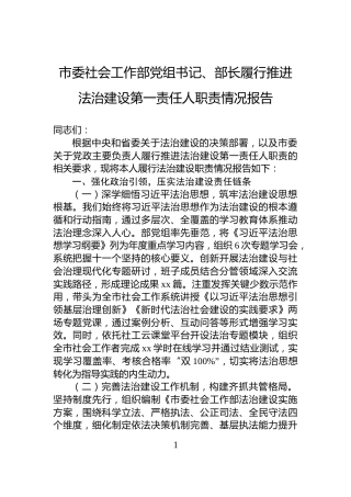 市委社会工作部党组书记、部长履行推进法治建设第一责任人职责情况报告