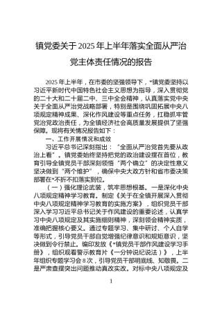 镇党委关于2025年上半年落实全面从严治党主体责任情况的报告