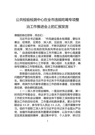 公共检验检测中心在全市违规吃喝专项整治工作推进会上的汇报发言